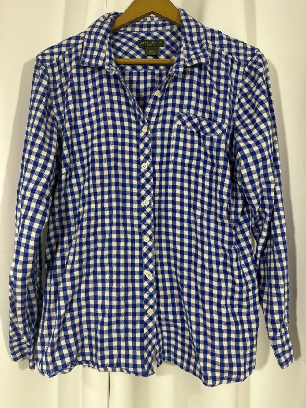 Eddie Bauer Women's XL Blue White Gingham Plaid Button Front Shirt Cotton